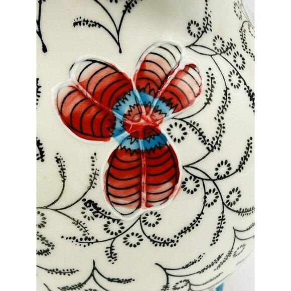 Dutch Wax Floral Pitcher Blue Red Flowers Handpainted Ceramic Coastline Imports - Picture 7 of 10